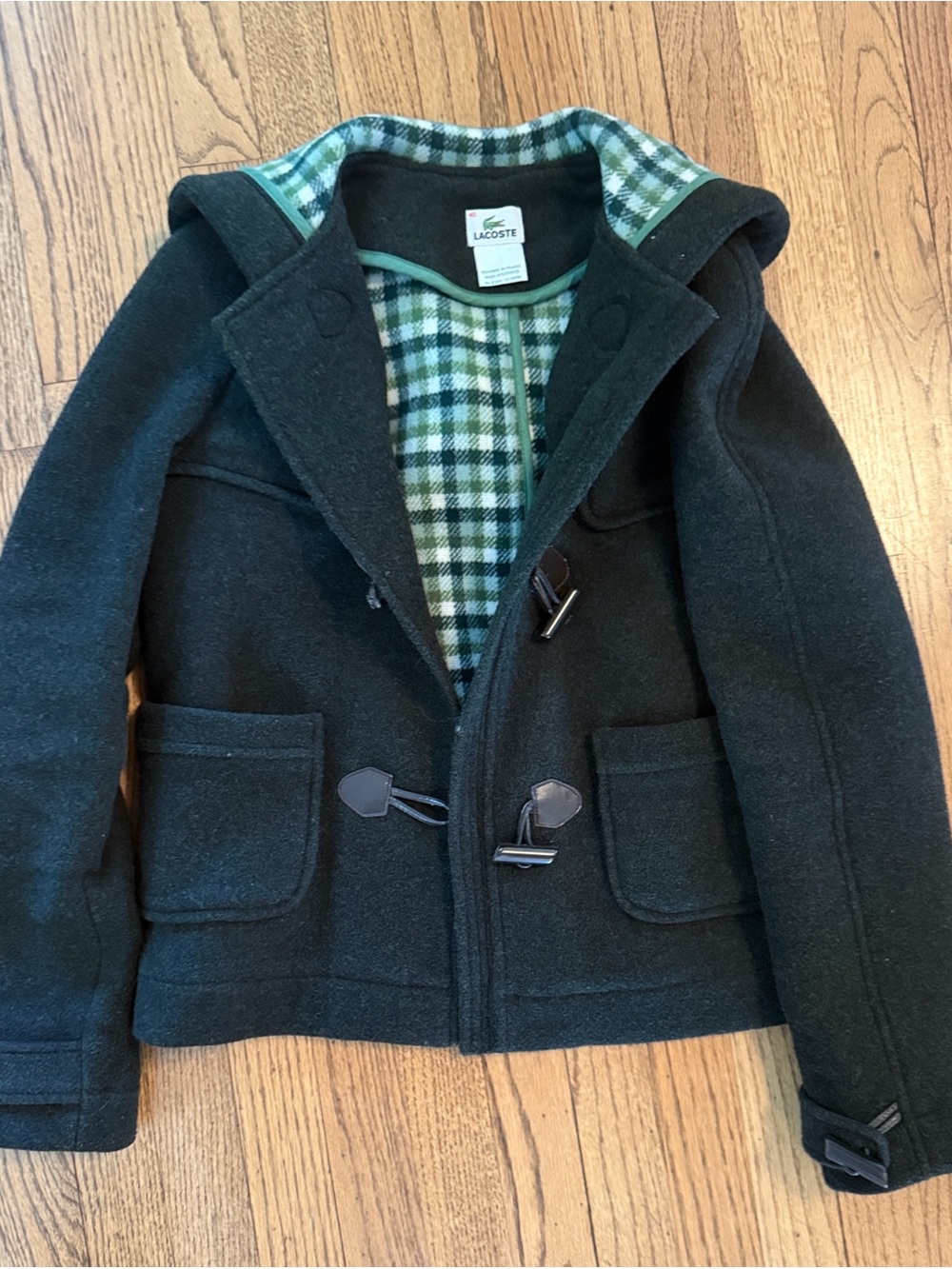 Lacoste Dark Green Toggle Jacket with Green Plaid Lining EU 40. US 6-8 sz.